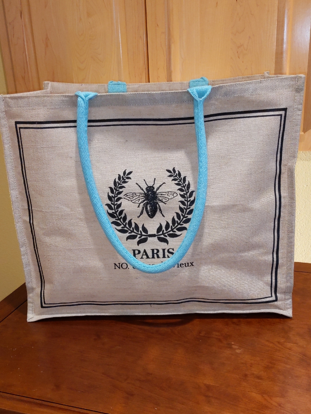 Paris Bee Tote Bag Large Tan Teal French Market Preppy Resort Beach Roomy Travel